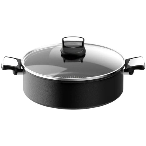 Tefal Black cookware pot with glass lid on a white background
